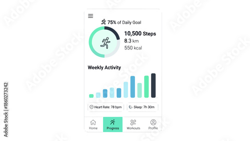 Mobile Phone Displaying Fitness Tracking Statistics and Graphs.