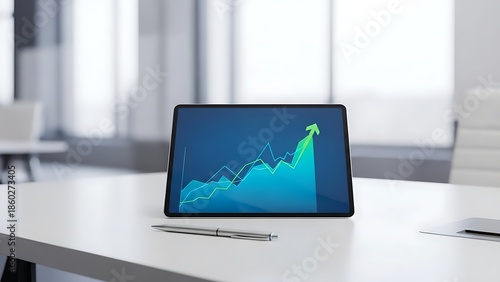 Modern office workspace with tablet showing growing business graph