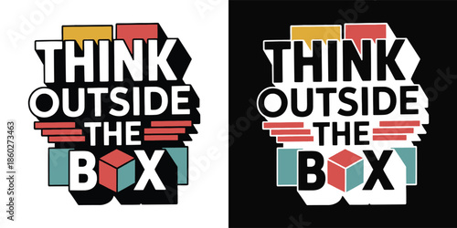 Graphic design featuring the inspirational phrase think outside the box in layered retro typography available in light and dark versions