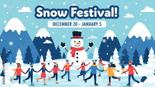 Snow Festival illustration with happy people ice skating and a snowman festive winter event banner with mountains and trees perfect for holiday promotions