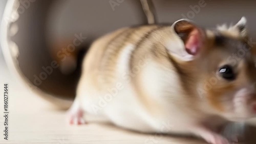 Wallpaper Mural An energetic striped hamster in motion, captured with dynamic blur as it scurries across a clean surface near its habitat accessory Torontodigital.ca