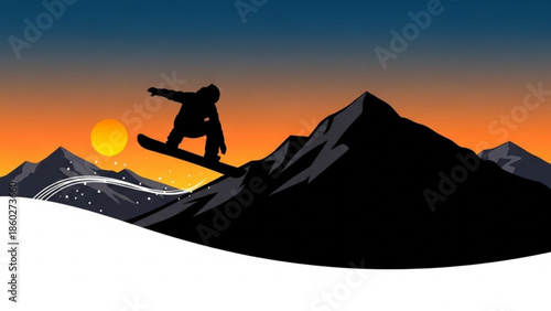 Snowboarder jumping over a mountain peak at sunset extreme sports silhouette illustration for winter adventure and active lifestyle concepts