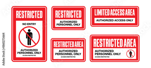 Collection of Restricted Area and Authorized Access Signs.