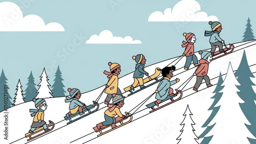 Children sledding down a snowy hill in a line winter outdoor activity illustration concept of fun and childhood memories
