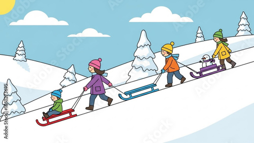 Children sledding down a snowy hill winter outdoor activity illustration fun family recreation and childhood concept