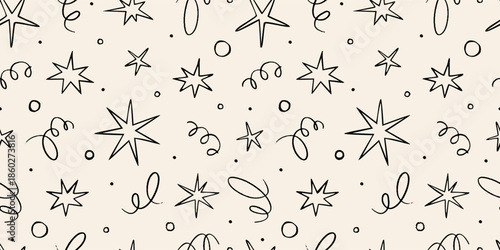 Seamless pattern with doodle stars, confetti and abstract lines. Playful hand drawn designs for celebration events. Trendy vector illustration on light background, sketch style