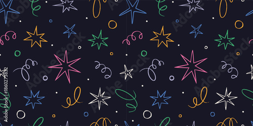 Seamless pattern with colorful doodle stars, confetti and abstract lines. Playful hand drawn designs for celebration events. Trendy vector illustration on dark background, sketch style