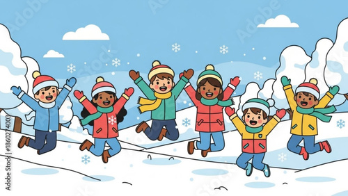 Diverse group of happy children jumping in the snow celebrating winter fun with warm clothing perfect for holiday and seasonal themes
