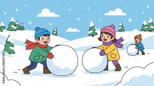 Children playing in the snow rolling large snowballs in a winter landscape illustration for holiday and seasonal concepts