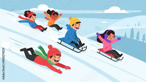 Diverse group of children sledding down a snowy hill enjoying winter outdoor activity flat vector illustration for seasonal concept