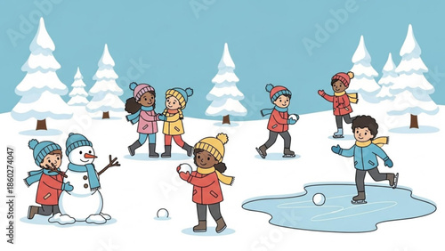 Diverse group of children playing in the snow building a snowman and having a snowball fight winter outdoor activity illustration for kids