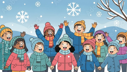 Diverse group of happy children in winter clothing celebrating snowfall with joy perfect for holiday and seasonal promotions