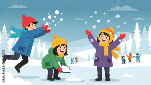 Children playing in the snow throwing snowballs and catching snowflakes in a winter forest illustration for holiday season and outdoor activity