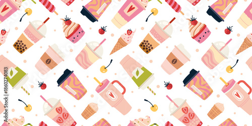 Seamless pattern with sweet drinks, desserts and takeaway cups. Cute art of cafe treats and beverages. Trendy vector illustration on light background, hand drawn, flat design