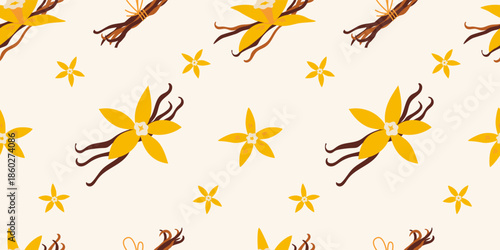 Seamless pattern with vanilla flowers and pods. Botanical illustration inspired by spice and natural aroma. Trendy vector art on light background, hand drawn, flat design