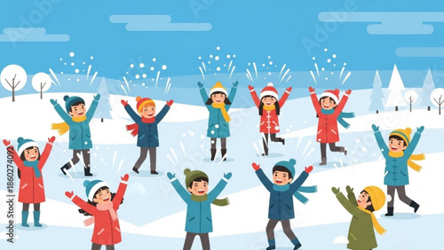 Diverse group of children joyfully playing in the snow throwing snowflakes in a winter wonderland perfect for holiday and seasonal themes