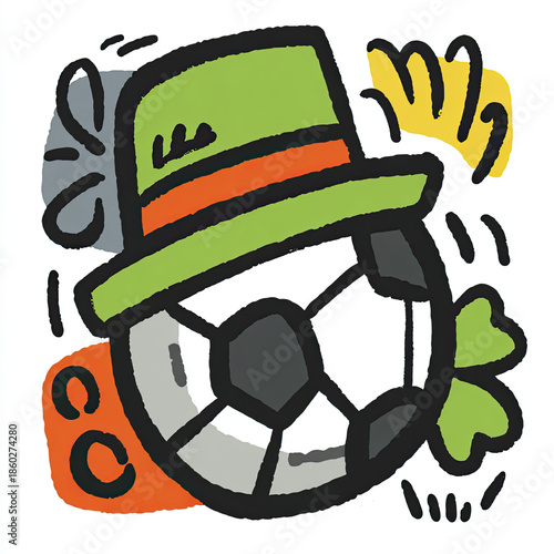 Soccer ball adorned with a festive leprechaun hat and surrounded by shamrocks and horseshoes for St. Patrick's Day celebration