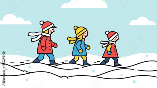 Three children in winter clothing walking through snow flat vector illustration for seasonal concepts and holiday themes