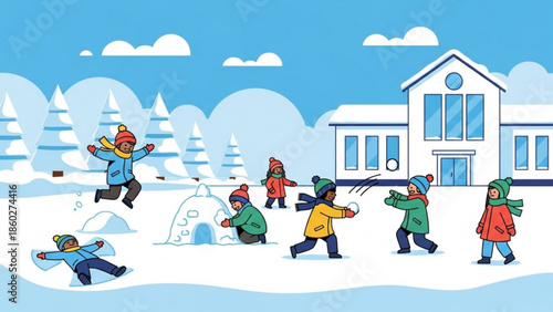 Children playing in the snow outside a school building enjoying winter activities like snowball fights and building igloos perfect for seasonal and educational themes