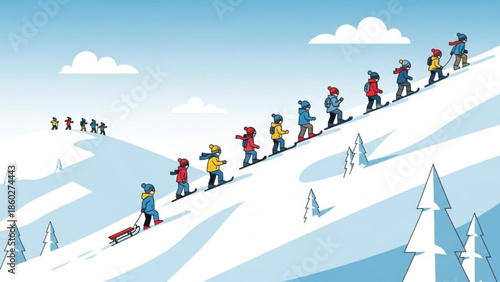 Children in winter clothing queuing up a snowy hill on skis and sleds representing winter activities and outdoor fun vector illustration