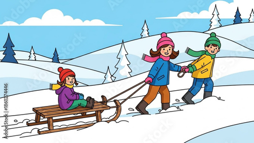 Children pulling a sled with a friend in a snowy winter landscape illustration for holiday fun and outdoor activity