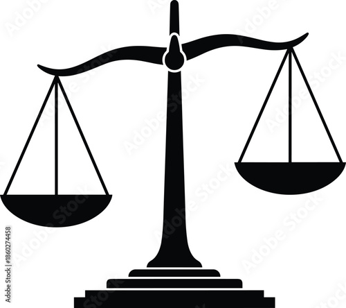 Black justice scales icon isolated on white background, law balance symbol for legal system, court, equality, judge, authority, weight, measurement, judgment, advocacy, attorney vector.
