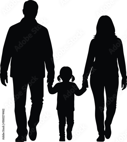 Black silhouette of a happy family with father, mother, and young daughter holding hands while walking forward on a clean white background,