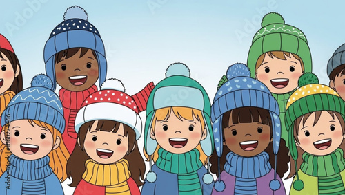 Diverse group of happy children wearing winter hats and scarves illustration for seasonal greetings and cold weather concepts isolated on light blue background
