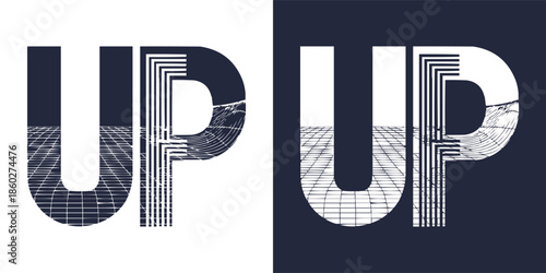 Abstract typographic design features the word up repeated twice using bold letters with retro digital grid patterns inside a contrasting background