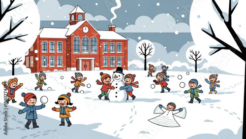 Children playing in the snow and building a snowman in front of a school building winter scene with playful kids and snowfall perfect for holiday and seasonal themes