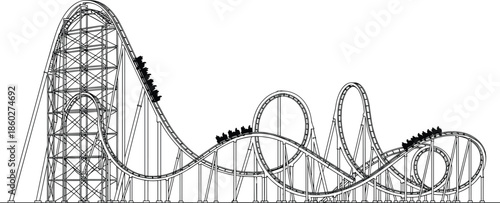 Detailed vector line art illustration of a high speed roller coaster with steep drops, loops, and twists, perfect for theme park amusement concepts,