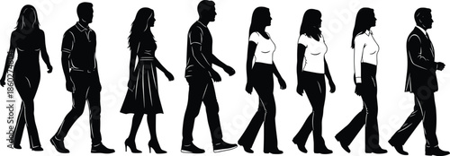 Group of diverse people silhouettes walking, side view men and women in casual and business attire moving forward, isolated vector illustration on white