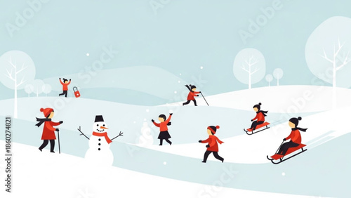 Children playing in the snow building a snowman and sledding down hills winter outdoor activity illustration for holiday season
