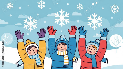 Children in winter clothes catching snowflakes a joyful illustration for seasonal promotions and holiday greetings flat design style