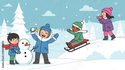 Children playing in the snow building a snowman and sledding down a hill winter outdoor activity illustration for seasonal concepts