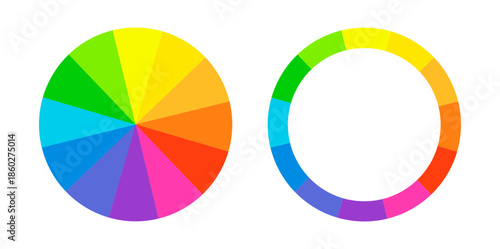 Colorful flower pie chart infographic with 1 to 12 equal segments, vibrant circular diagram showing full hue spectrum, radial color palette for data presentation, design, and learning visuals.