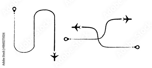 Flight path designs showing airplane tracking routes with dynamic dotted lines for travel maps, aviation concepts, route visualization, and navigation graphics in clean modern style.