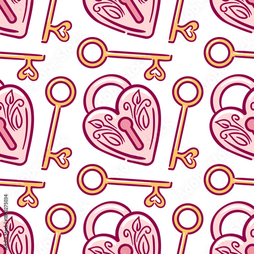 Seamless vector pattern of heart-shaped locks and vintage keys, intertwined with delicate florals and tiny dots, romantic repeat-ready motif perfect for stationery, packaging and fabric designs