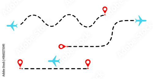 Flight path designs showing airplane tracking routes with dynamic dotted lines for travel maps, aviation concepts, route visualization, and navigation graphics in clean modern style.