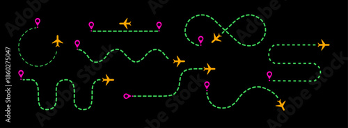 Flight path designs showing airplane tracking routes with dynamic dotted lines for travel maps, aviation concepts, route visualization, and navigation graphics in clean modern style.