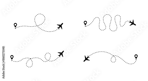 Flight path designs showing airplane tracking routes with dynamic dotted lines for travel maps, aviation concepts, route visualization, and navigation graphics in clean modern style.