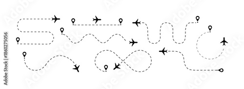 Flight path designs showing airplane tracking routes with dynamic dotted lines for travel maps, aviation concepts, route visualization, and navigation graphics in clean modern style.