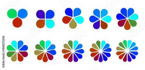Colorful flower pie chart infographic with 1 to 12 equal segments, vibrant circular diagram showing full hue spectrum, radial color palette for data presentation, design, and learning visuals.