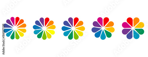 Colorful flower pie chart infographic with 1 to 12 equal segments, vibrant circular diagram showing full hue spectrum, radial color palette for data presentation, design, and learning visuals.