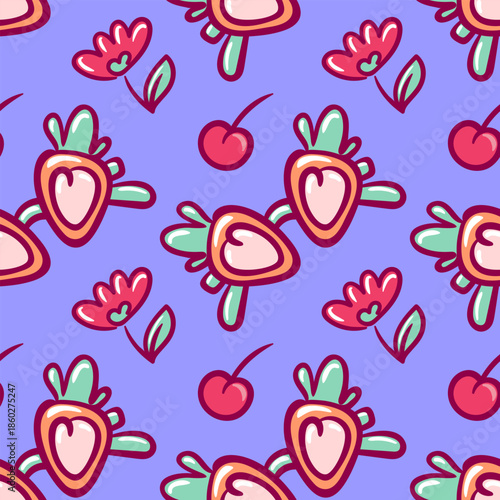Seamless Pattern Sunglasses Strawberry, Cherry and Flowers