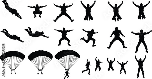 Skydiving and base jumping silhouette collection featuring parachutists in freefall, open canopy maneuvers, extreme sports athletes diving, and jumping poses for adventure designs.