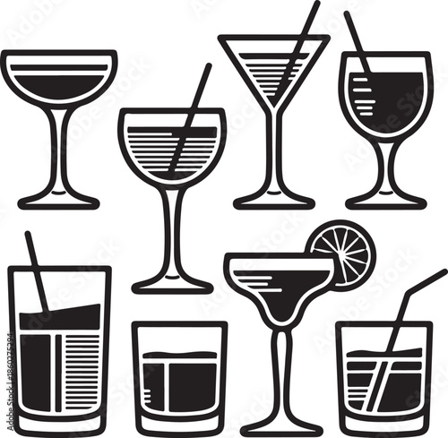 Black and white cocktail glasses and drinks with straws
