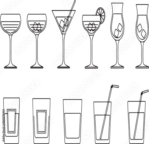 Variety of cocktail glasses and tumblers with straws and ice