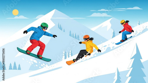 Three snowboarders enjoying a sunny day on a snow-covered mountain slope representing winter sports and outdoor recreation