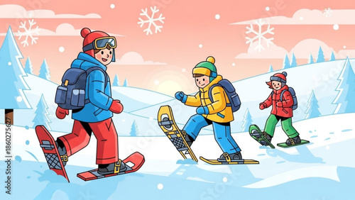Children snowboarding and skiing down a snowy mountain slope winter sport activity illustration for holiday season and outdoor recreation